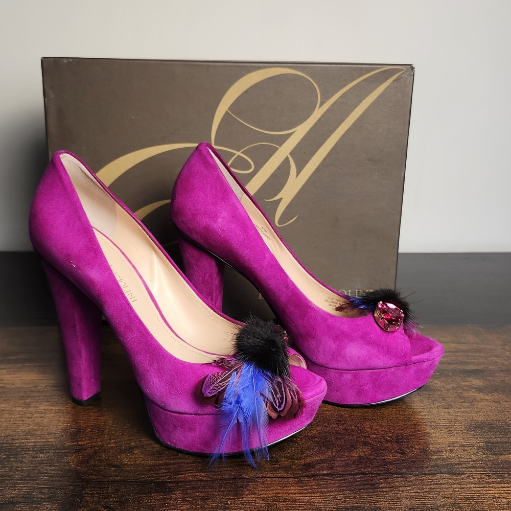 Enzo Angiolini Vibrant Magenta Heels with Feather Detail